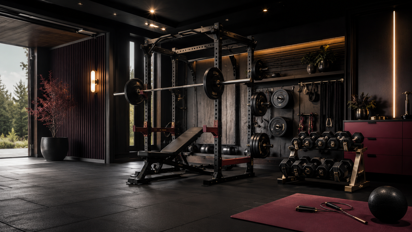 Bigger home gym buildout — moody premium strength training room with rack, barbell, dumbbells and rubber flooring
