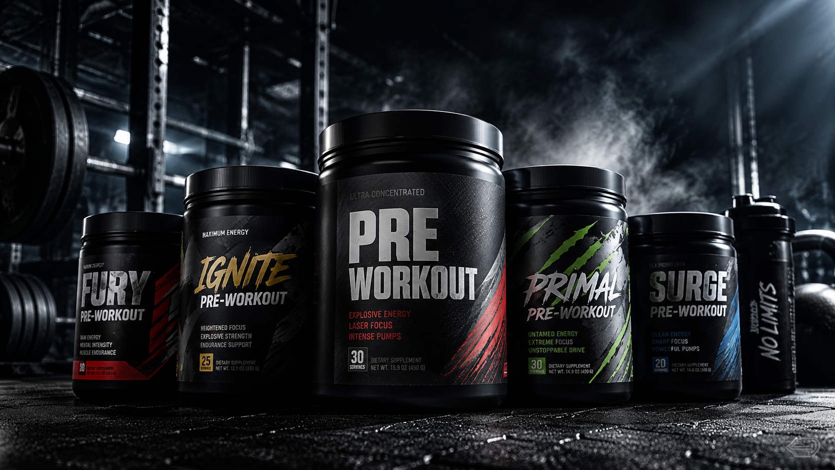 DIY pre-workout stack guide — dark gym-style lineup of pre-workout supplement containers