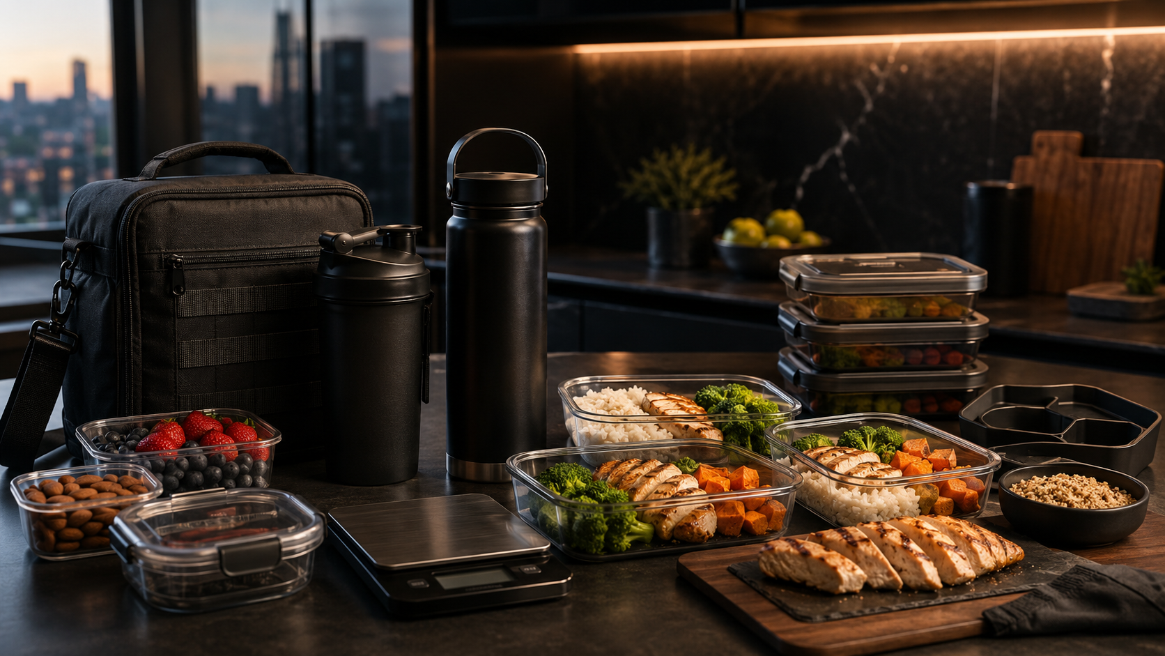 Meal prep tools for staying lean — sleek kitchen with glass containers, water bottle, shaker, and prepared food