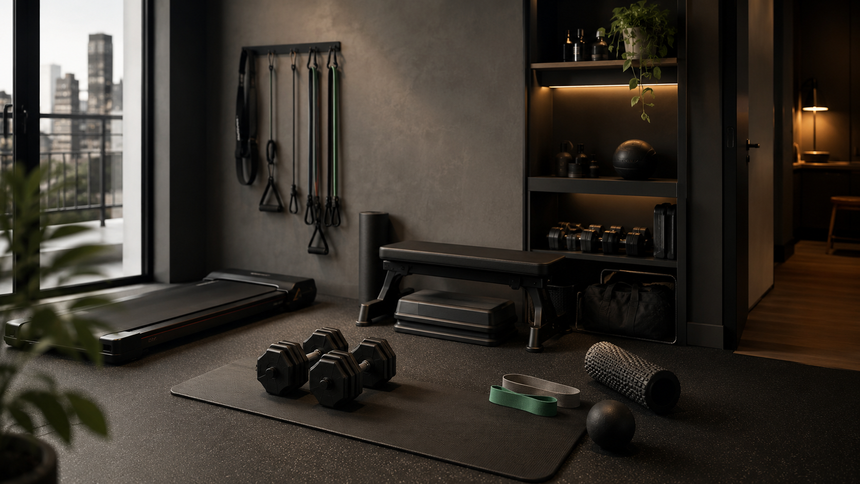 Small apartment gym setup — compact city training space with dumbbells, mat, resistance bands and storage