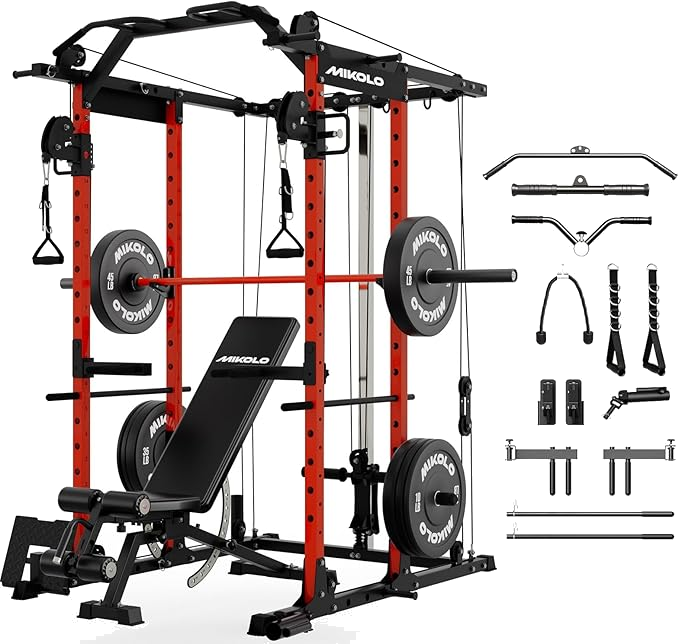 Mikolo all-in-one power rack with bench barbell and plates for home gym